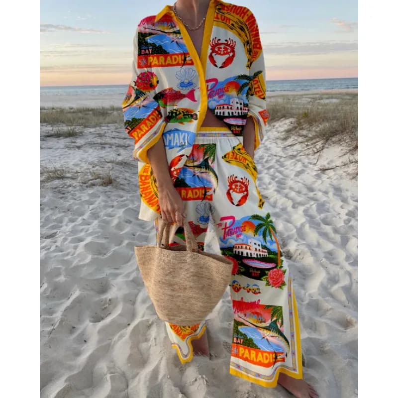 Funny Printed Loose Two Piece Set Women Tropical Beach Holiday Outfits 2024 Casual Lapel Button Shirt Wide Leg Pants Sets