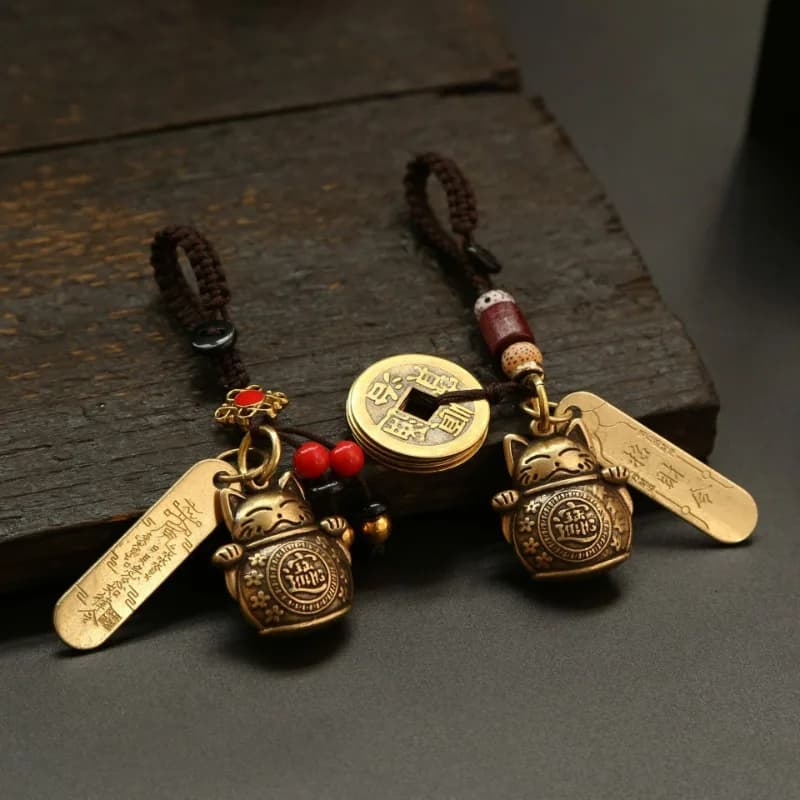 Vintage Lucky Key Ring Pure Brass Keychain Solid Gourd Feng Shui Coins Keyring Zhaocai Cat Five Kings Key Holder Pendant Gift