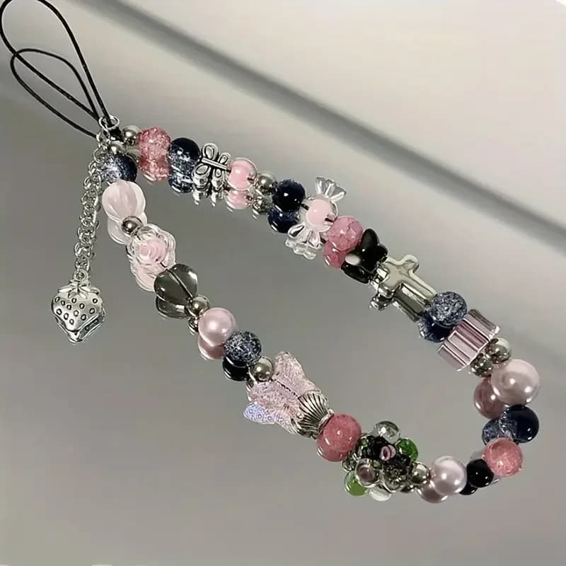 Korea Cute Black Beaded Phone Chain Cross Butterfly Charm Lanyard Phone Chain For Accessories Jewelry Strawberry Pendant Gifts