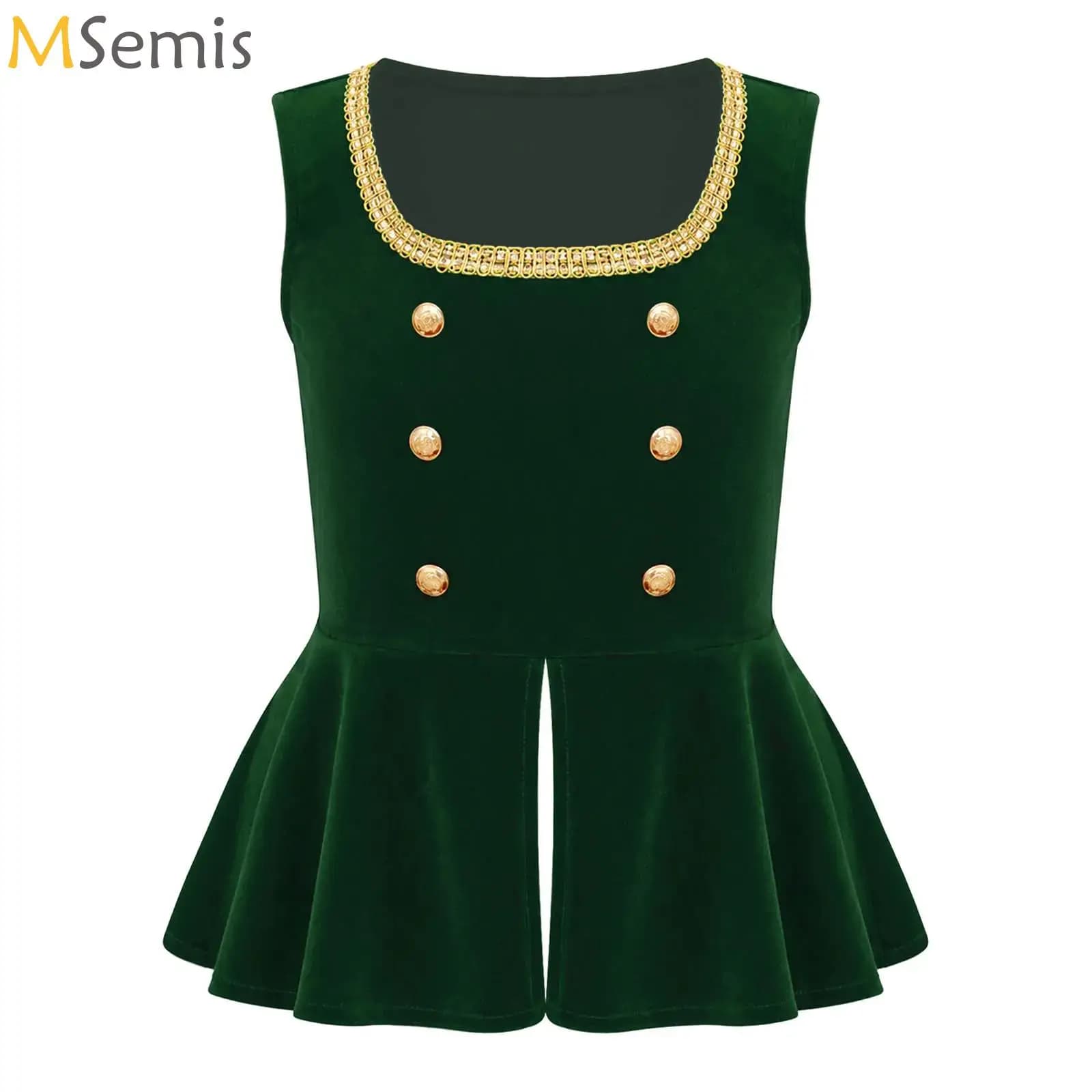 Girls Halloween Medieval Renaissance Gothic Vest Steampunk Victorian Pirate Costume Sleeveless Double-breasted Peplum Velvet Top