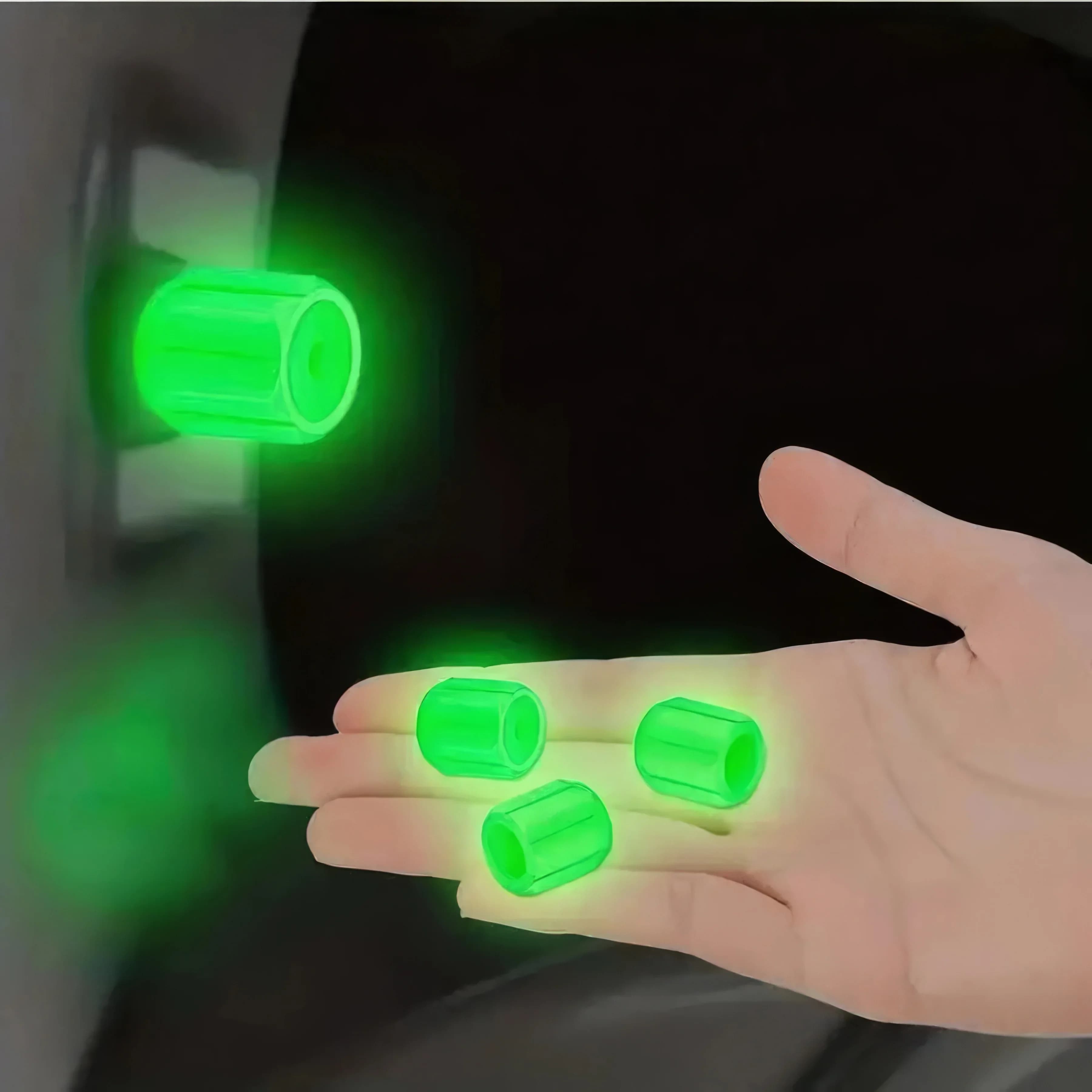4 Green Valve Caps for Luminous Tires, Easy To Install, Firmly Attached, Suitable for All Vehicles and Car Valve Caps