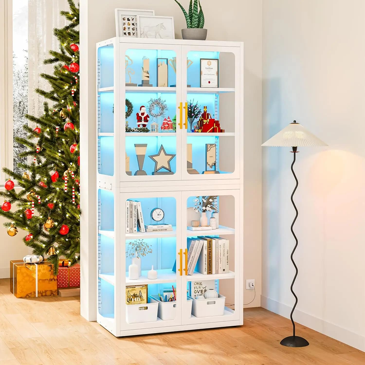 Display Cabinet with Glass Doors, 6-Tier 67" Curio Cabinet with Multi-Color LED Lights and 4 Adjustable Shelves, Glass Displa