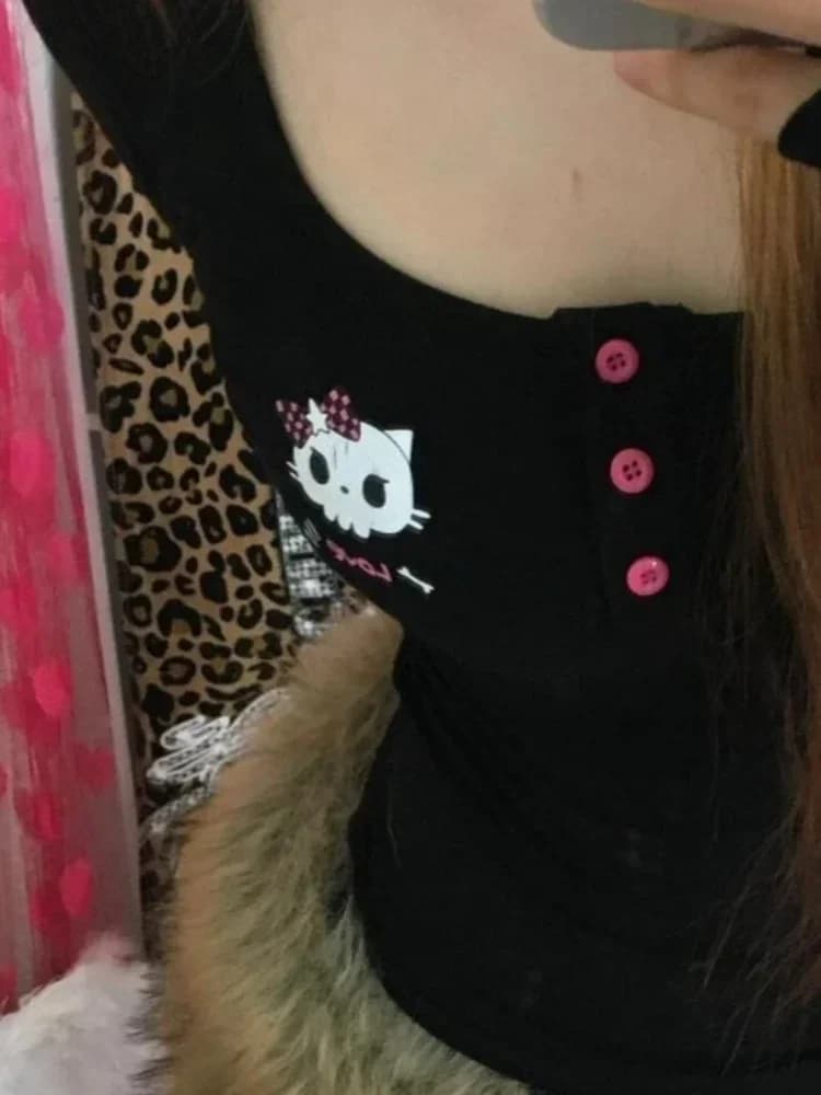 Y2K Vintage Cartoon Print T-Shirt Women 2025, Punk Streetwear Harajuku Bodycon Tee for Autumn