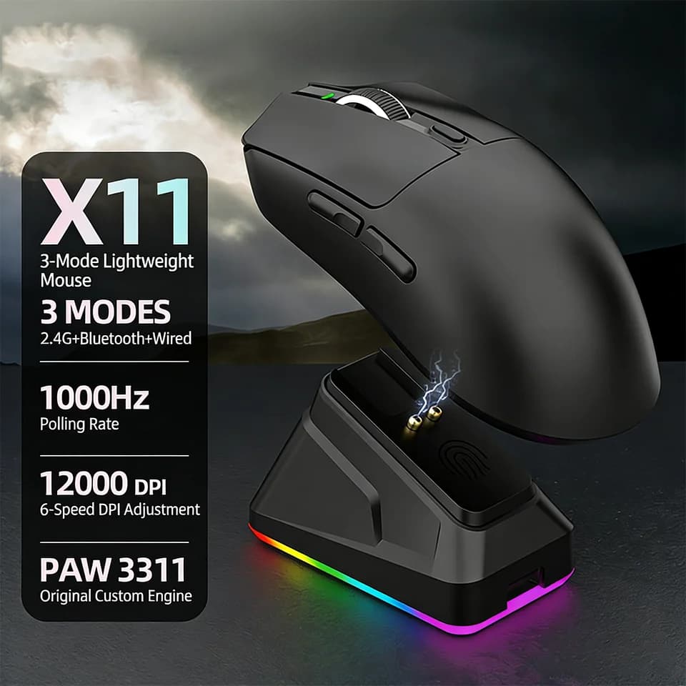 2026 무선 게이밍 마우스 - 트라이 모드 (2.4GHz/유선/블루투스) PAW3311 센서 RGB PC 게임 마우스 연결 마그네틱 충전 도크