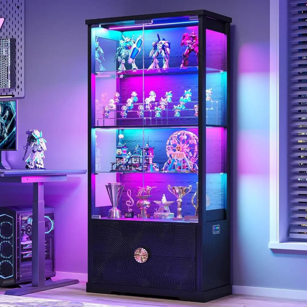 RGB Glass Display Cabinet with Door, 4-Tier Curio Cabinet with 2 Ders and Adjustable Glass Height Showcase, Display Case with 3