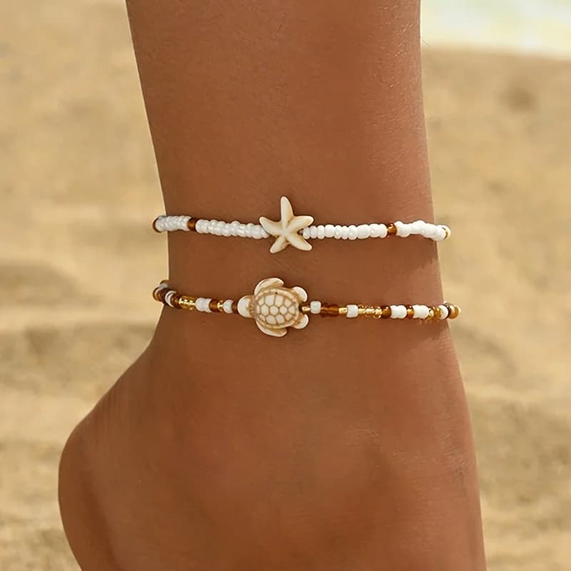2Pcs Beach Anklets Set, Summer Ocean Theme Starfish & Turtle AnkletBrown White Beige Glass Beads Layered Ankle Bracelet