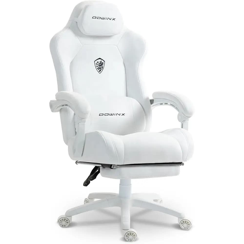Ergonomic High-Back Suede Gaming Chair with Spring Cushion and Footrest, 440lbs Capacity, White