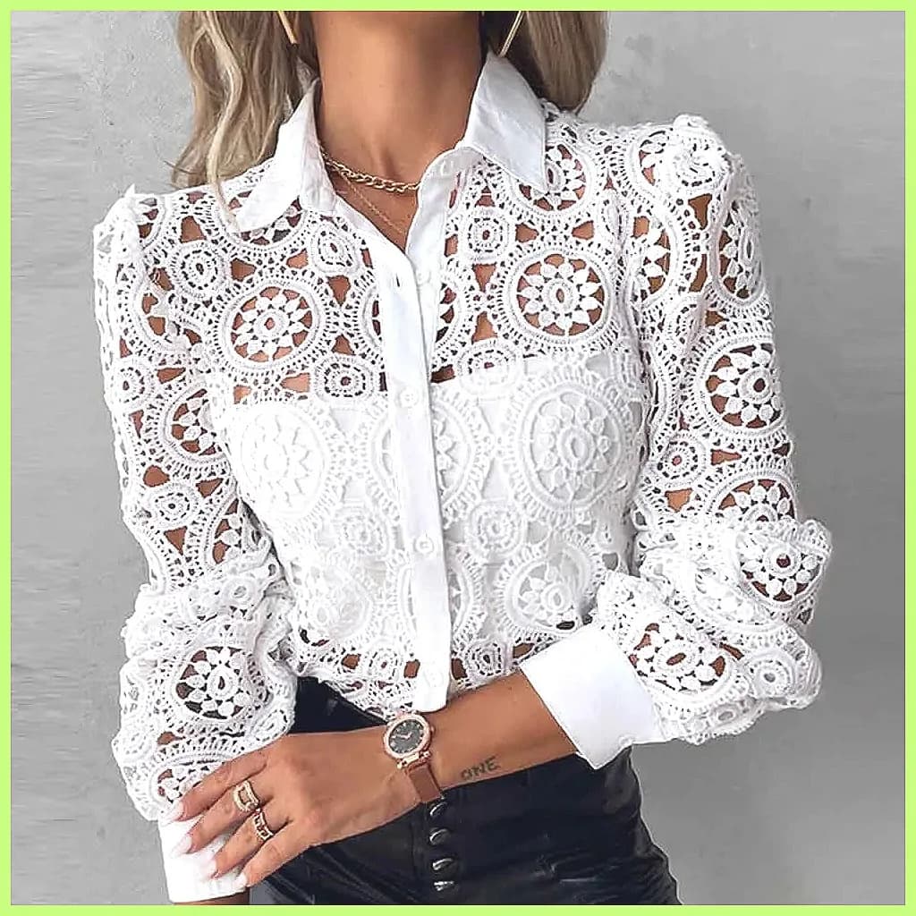 2025 Women's White Lace Shirt, Elegant Hollow Out Vintage Top Long Sleeve Blouse