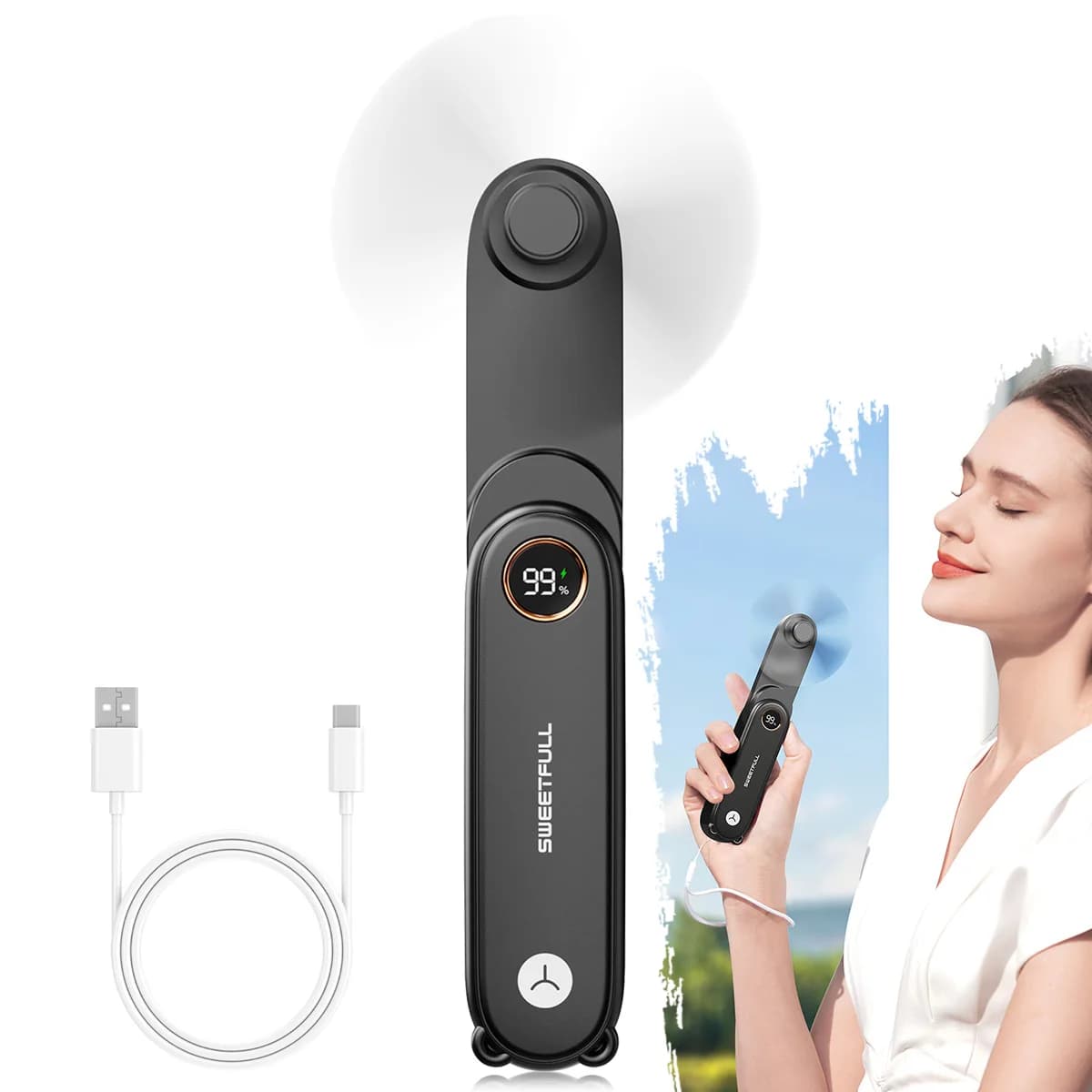 미니 USB 충전식 접이식 휴대용 선풍기 LED 1500mAh 2단 조절