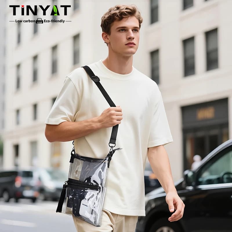 TINYAT Men's Clear Crossbody Bag Lightweight Fringed Zipper Shopping Bag Casual PVC Shoulder Bag for Daily Use and Shopping