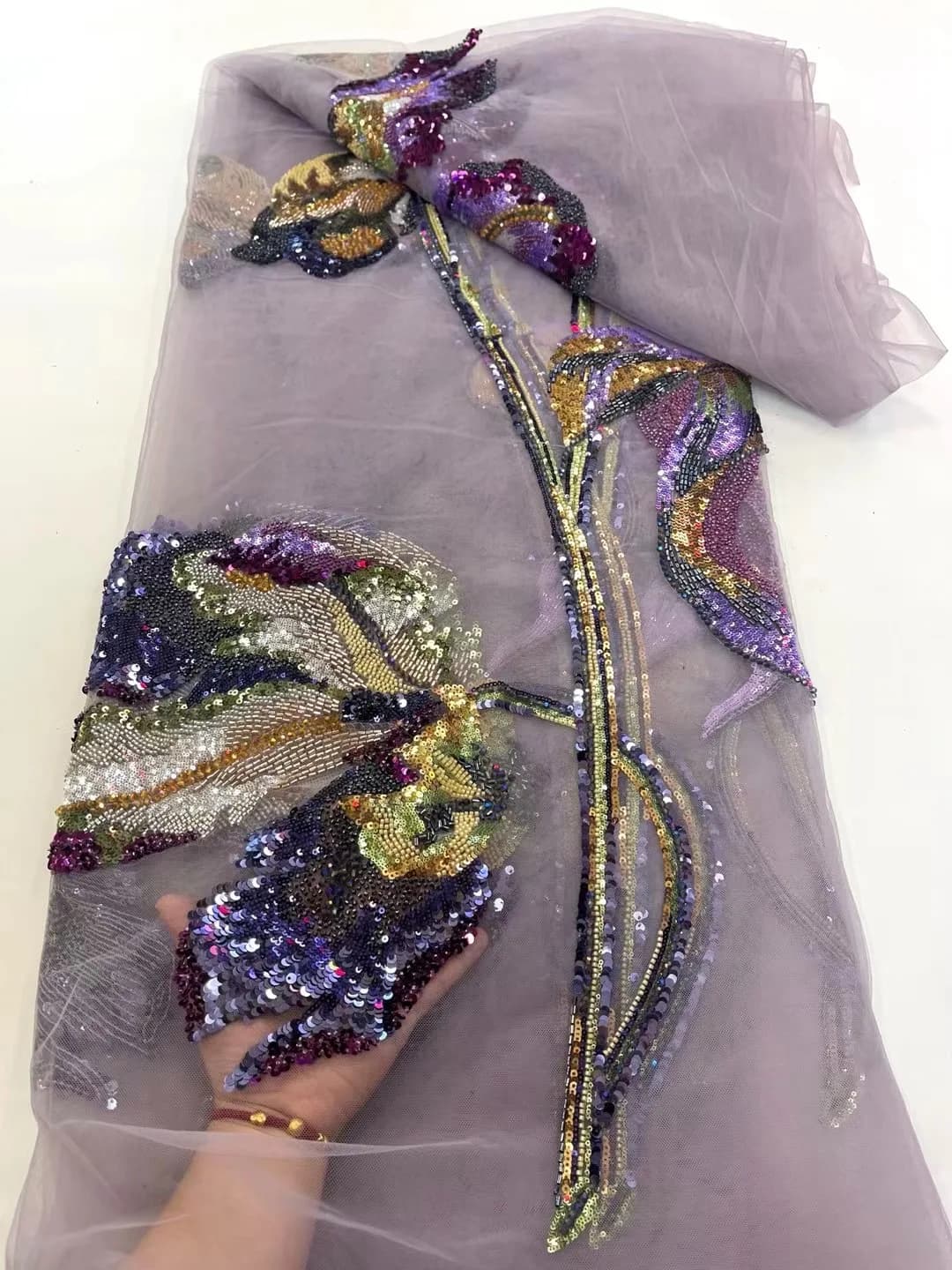 Purple Luxury Hand Beaded Lace Fabric Bridal Fabric High-end Wedding Fabrics French Nigerian Mesh Lace Embroidered Dress A1124-1
