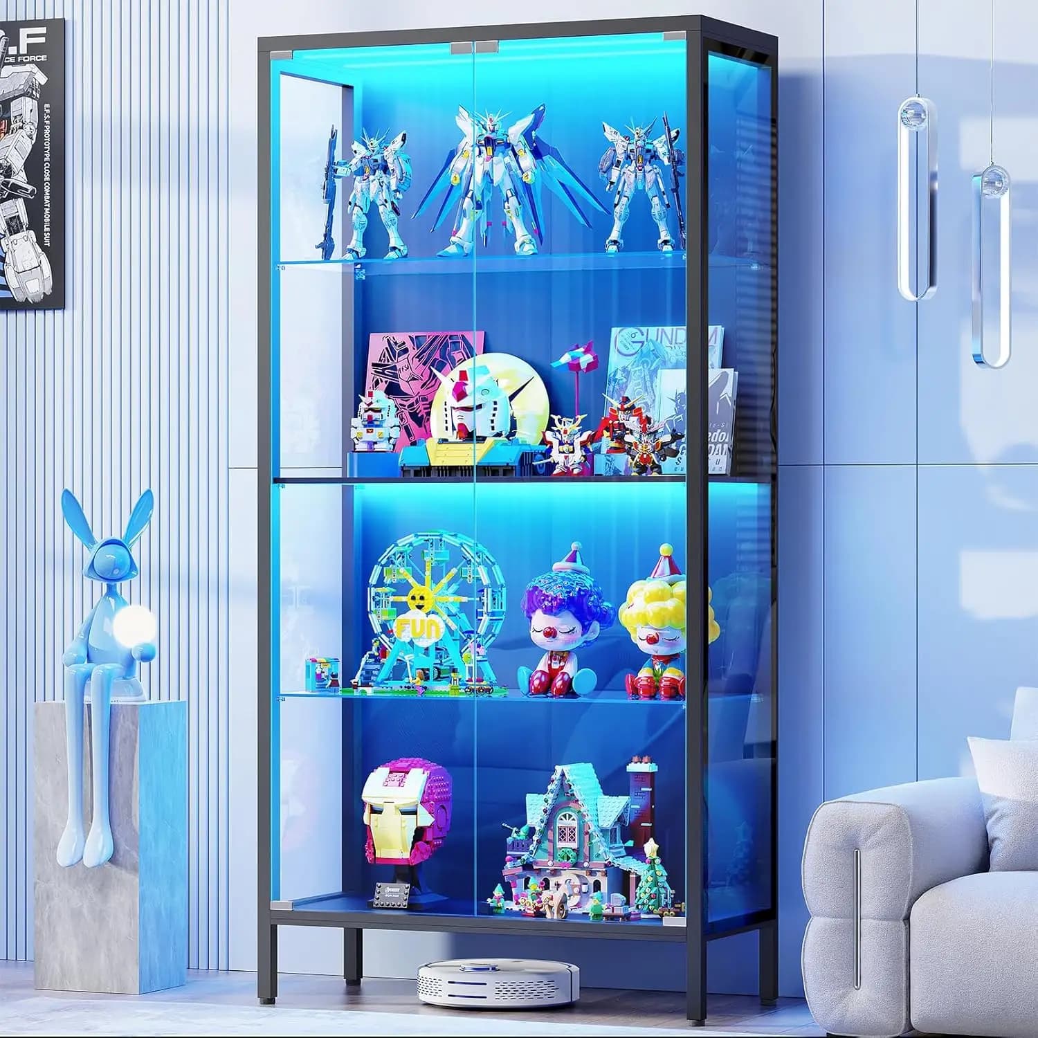 Display Cabinet with Glass Doors, 4-Tier Curio Cabinet with 3 Color Lights, Metal Glass Display Case with Motion Sensor, Stor