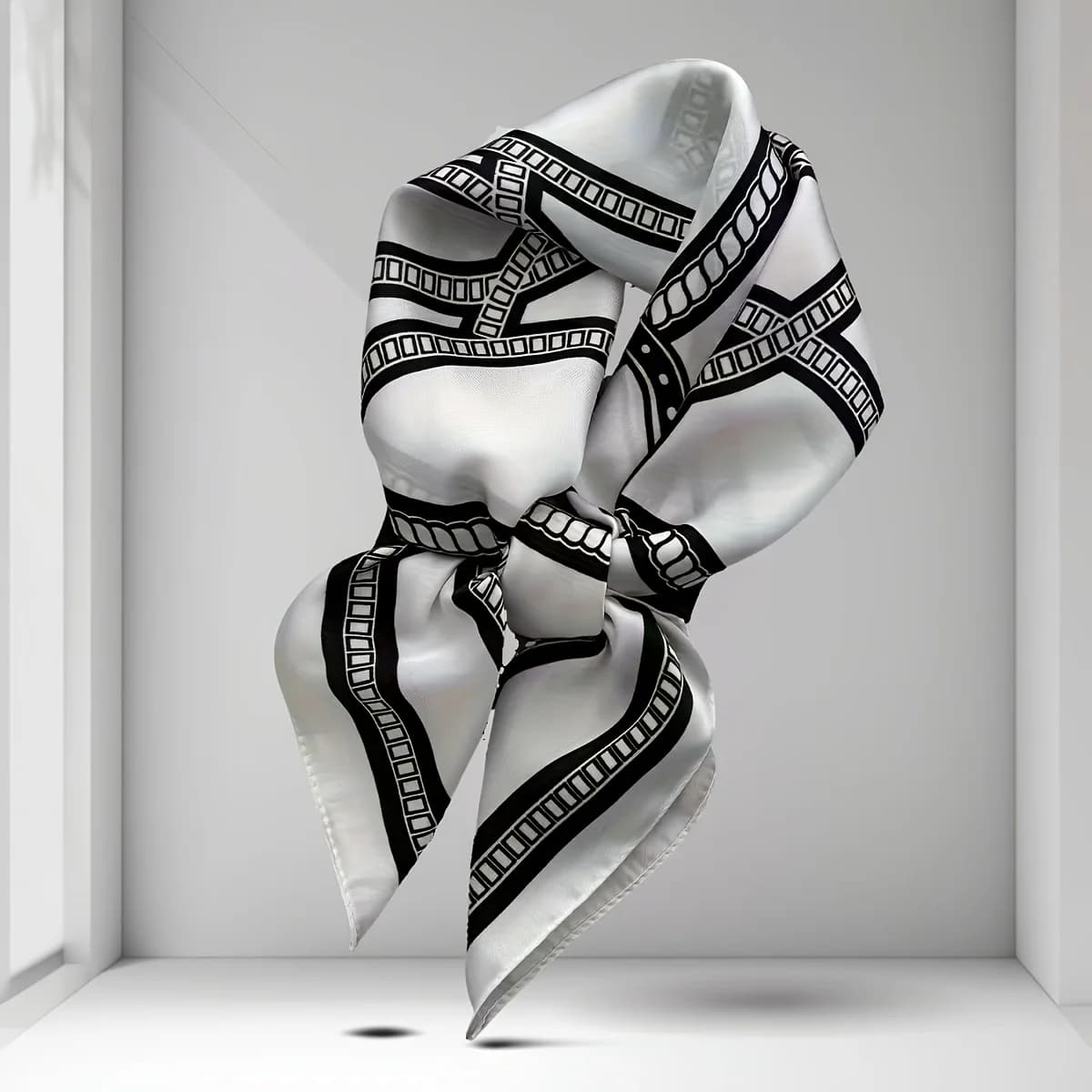 A 100% Silk Women'S Elegant Bohemian Style Multifunctional Square Scarf - Featuring a Chic Black And White Geometric Vintage