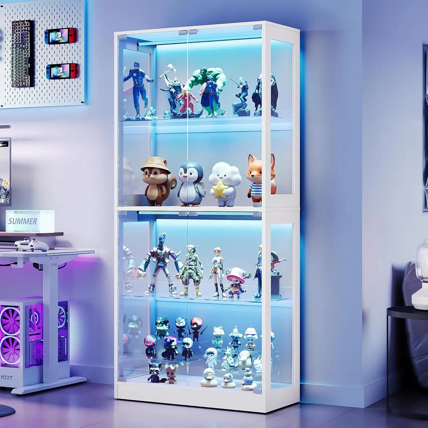 RGB Display Cabinet with Adjustable Glass Shelves, 4-Tier Storage Case with LED Lights & Press-to-Open Doors, Modern Display