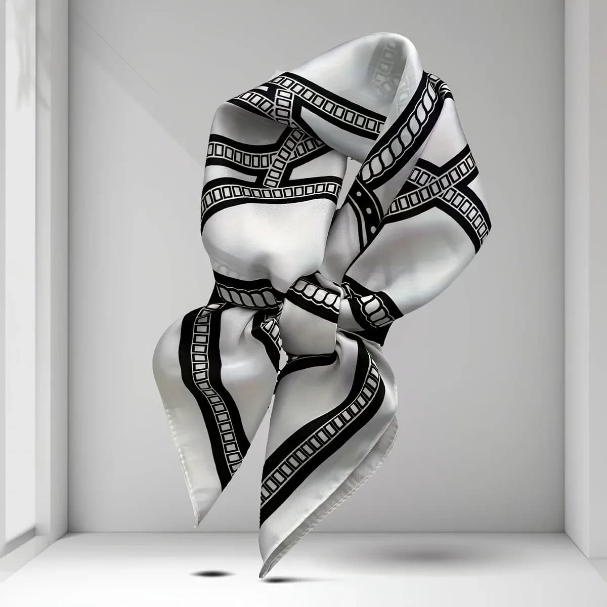 A 100% Silk Women'S Elegant Bohemian Style Multifunctional Square Scarf - Featuring a Chic Black And White Geometric Vintage