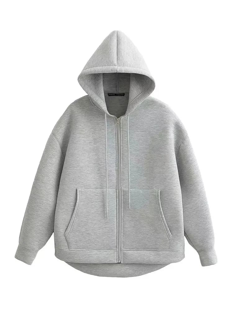 HH 가을 여성용 회색 후드 재킷 긴 소매 큰 주머니 지퍼 재킷 코트 여성 루즈 캐주얼 아우터웨어 코트 탑스