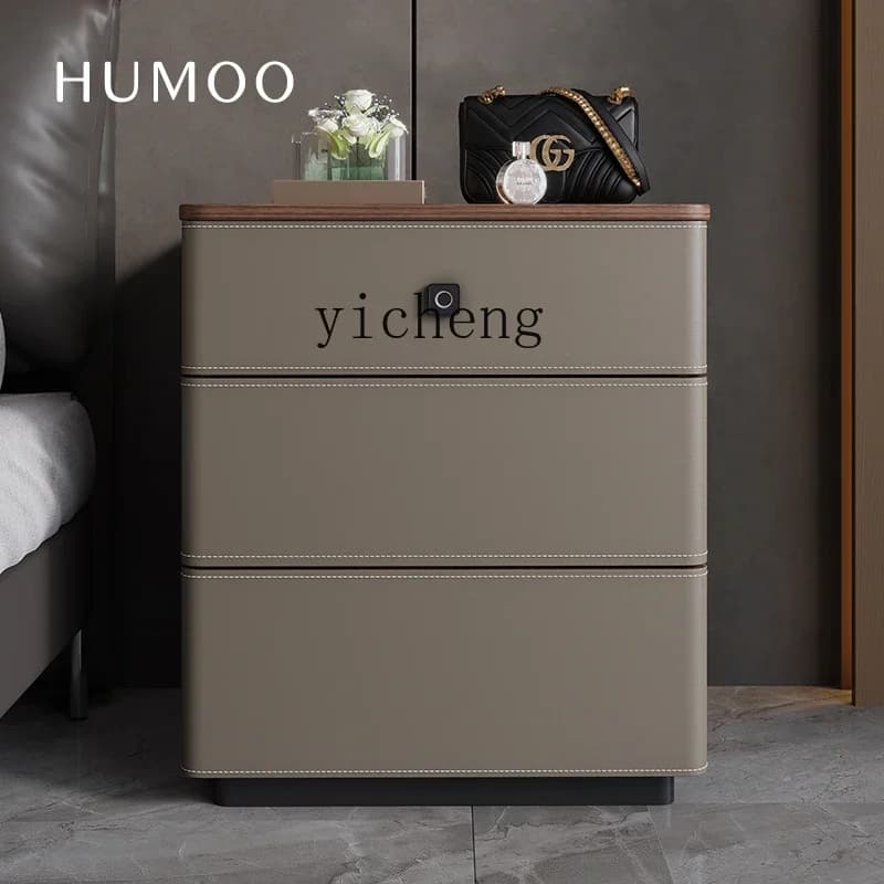saddle leather bedside table safe integrated household bedroom chest jewelry with fingerprint lock storage cabinet