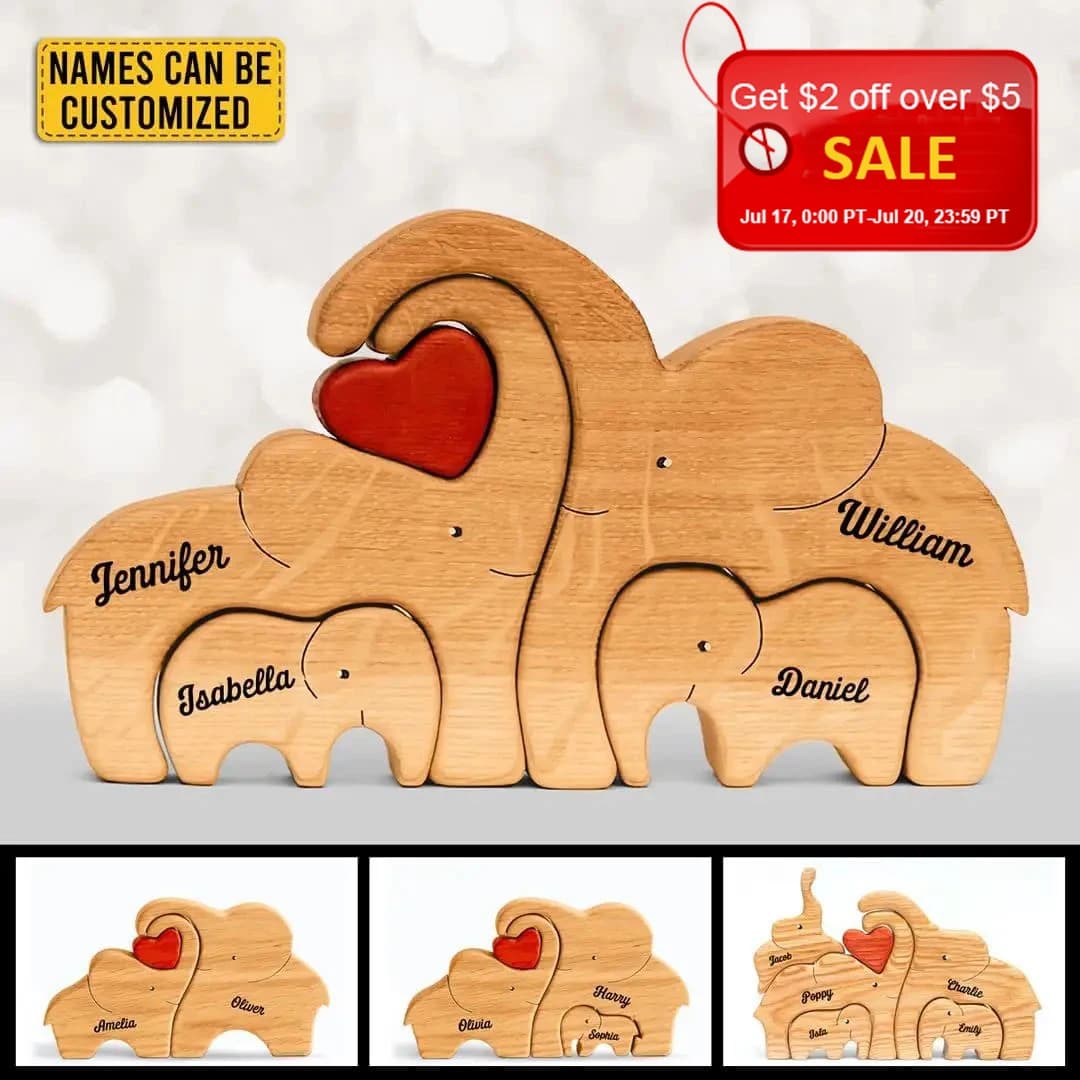 Personalized Elephant Family Wooden Puzzle Love Animal Wood Puzzle Custom Family Name Sculpture Free Engraving Decor Gifts