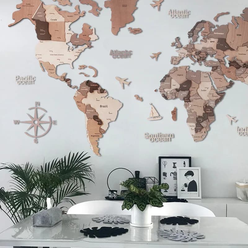 Home Office Decor and Gifts 3D Wooden Wall Hanging World Map Pins Unique Multicolor A La Carte