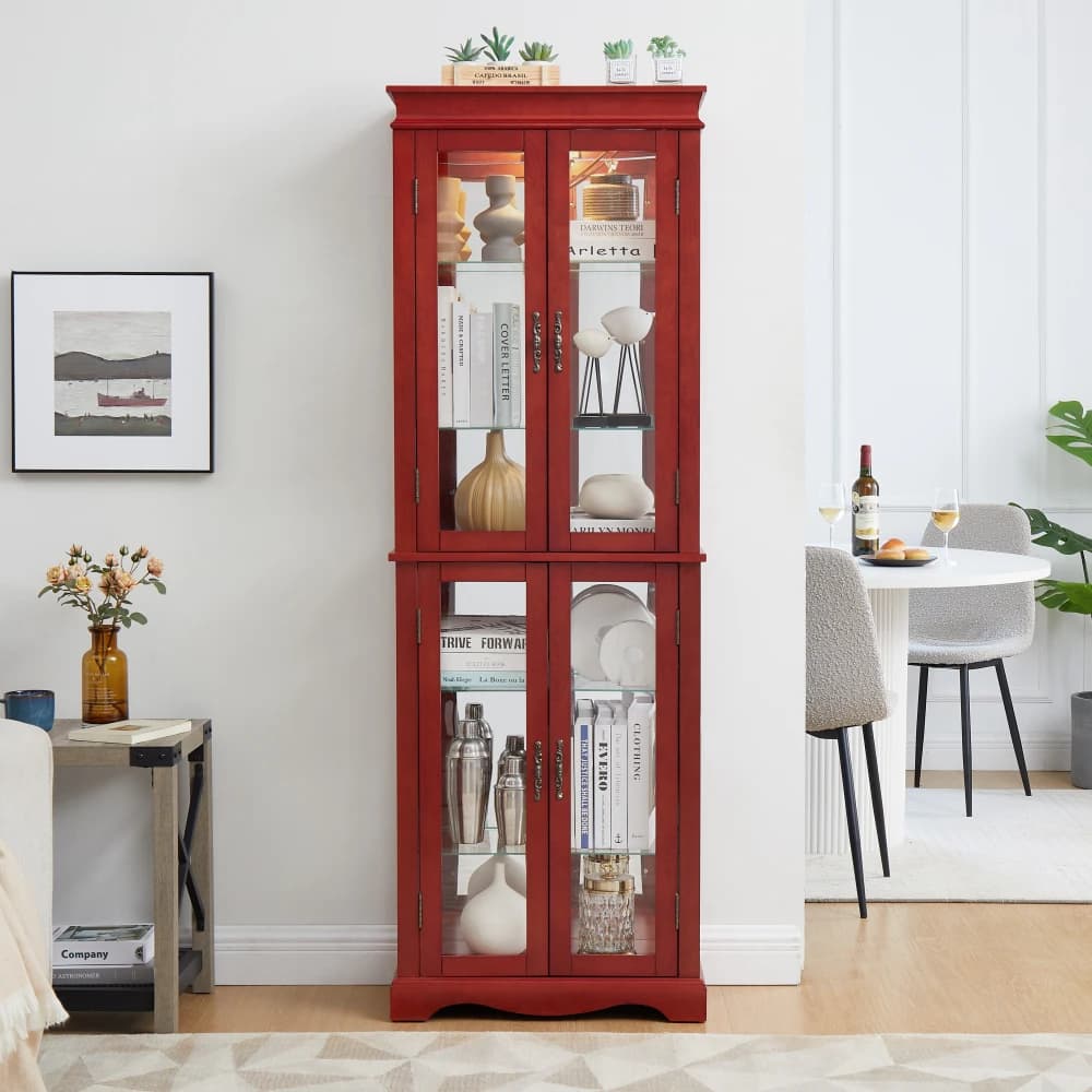 Lighted Glass Curio Display Cabinet Cherry Wood Frame - Bulb Included Living Room Kitchen