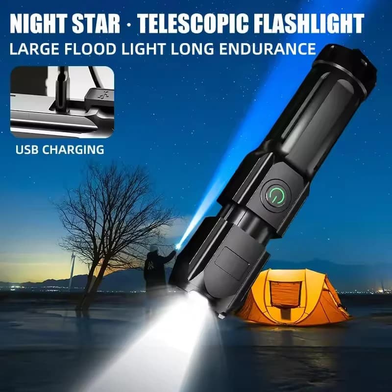 LED 캠핑 손전등 고출력 USB 충전 스포트라이트 줌 내장배터리 낚시 방수