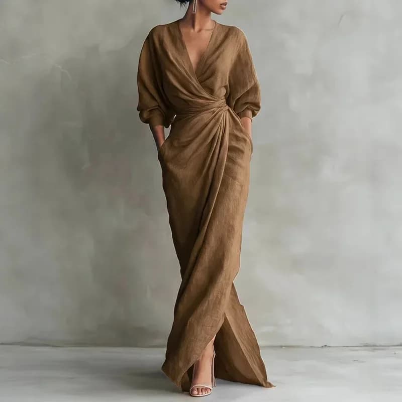 Women's Sexy V Neck Wrap Waist Long Dresses 2026 Spring Casual Solid Slim Bodycon Hips Dress Elegant Long Sleeve Slit Maxi Dress
