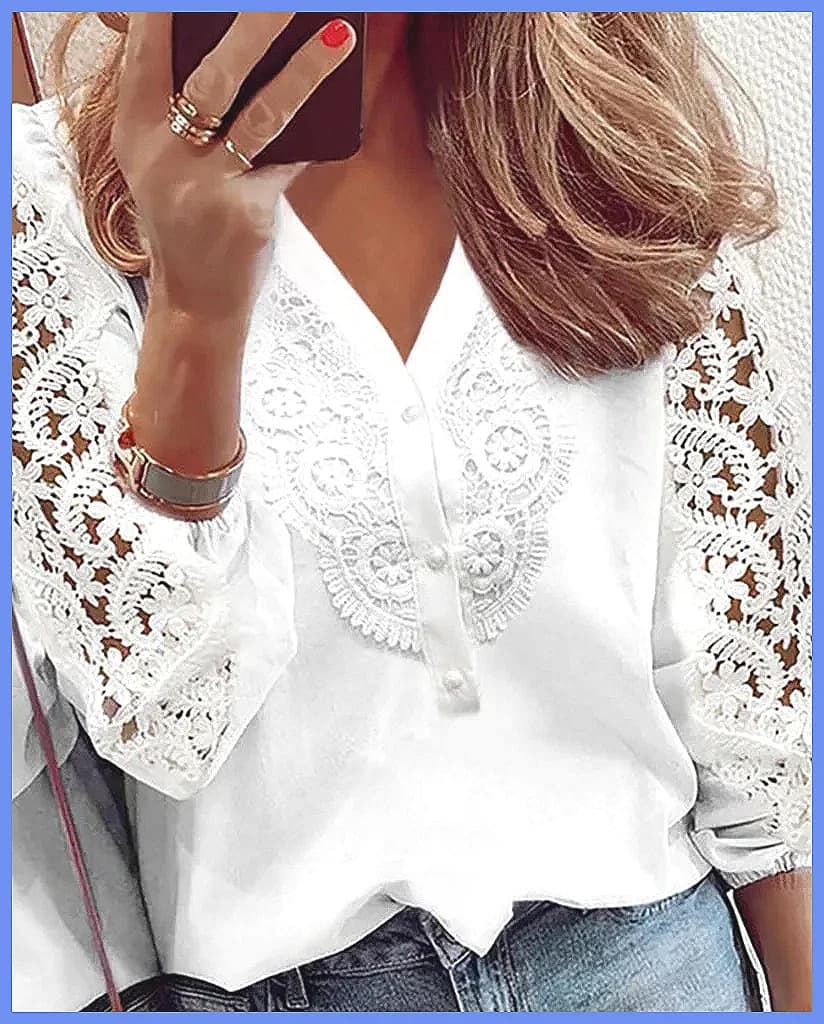 Elegant White Lace Hollow Panel Long Sleeve Blouse for Women, Office Lady Solid Top
