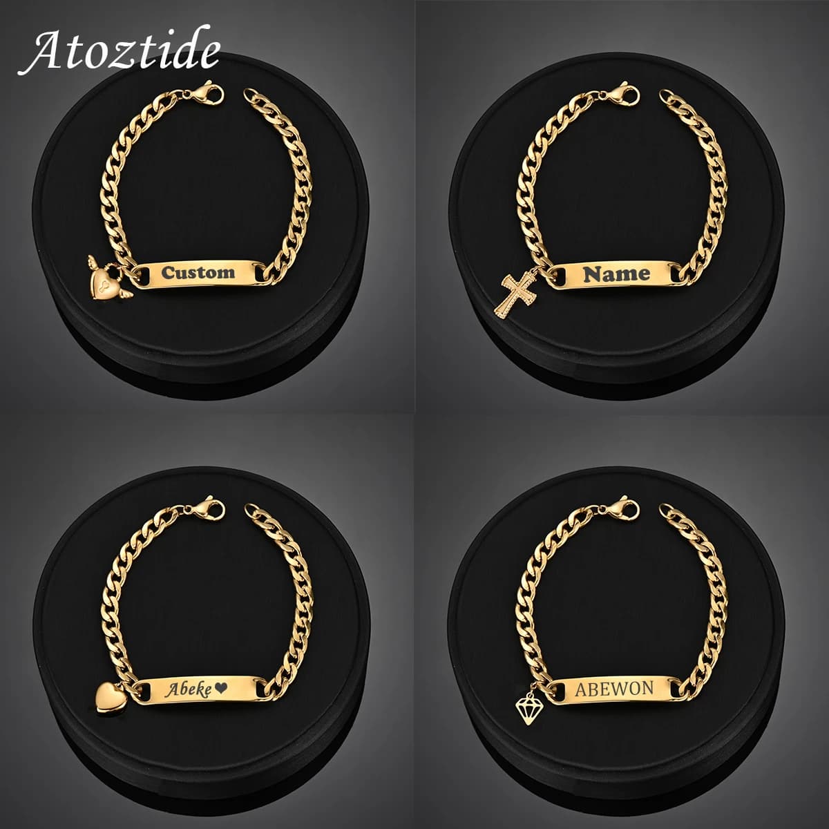 Atoztide 이름 각인 하트 크로스 팔찌 스테인리스 쿠반체인 남녀공용