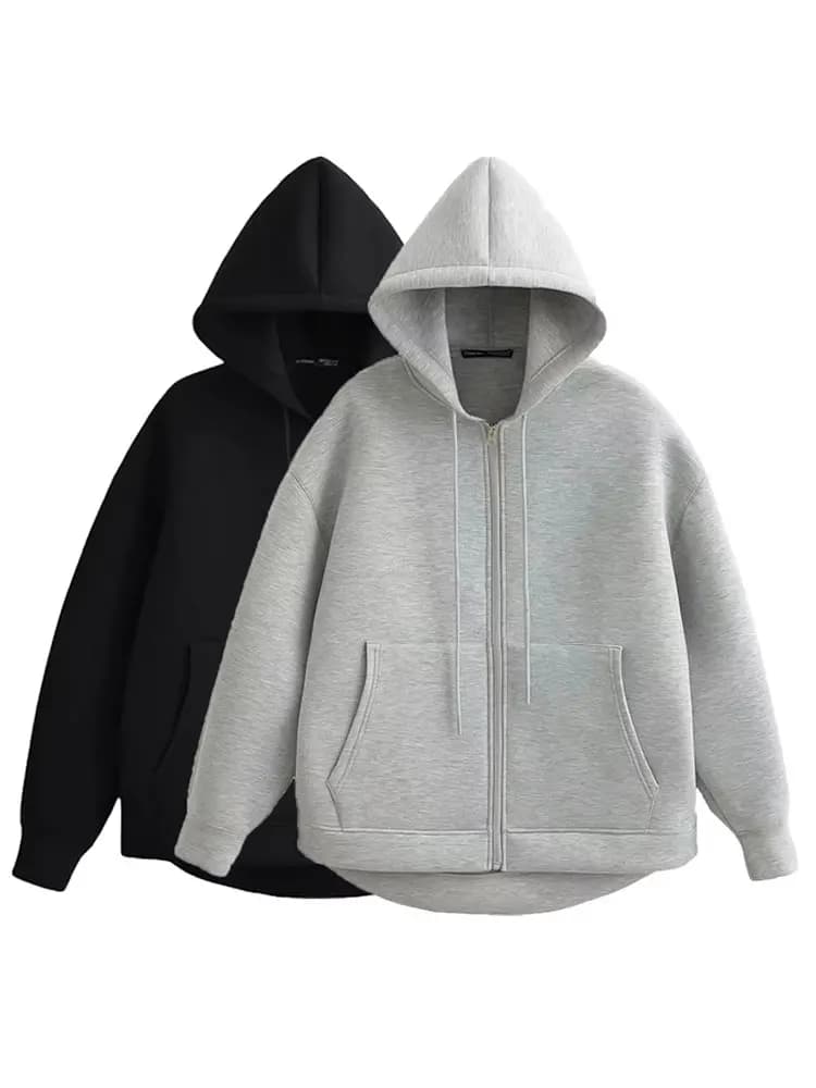 HH 가을 여성 캐주얼 후드 재킷 루즈 오버사이즈 지퍼 후디 스웨트셔츠 솔리드 코트 오피스 레이디 시크 아우터 탑스