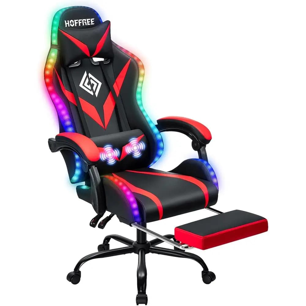 Ergonomic High-Back Gaming Chair with Massage, LED Lights, and Adjustable Lumbar Support - Red and Black