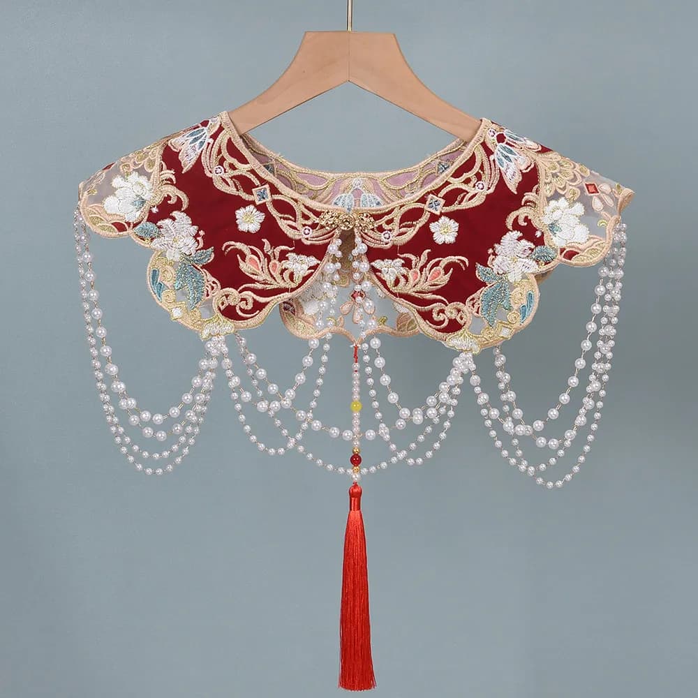 Beaded Red Cloud Collar, Chinese Vintage Embroidered False Collar with Pearl Tassel, Detachable Shoulder Cape, Wedding Accessory