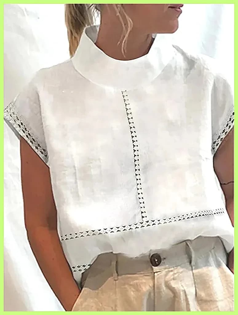 Women's Cotton Linen Pullover Shirt, Elegant Lace Trim Slim Fit Stand Collar Top for Summer Streetwear