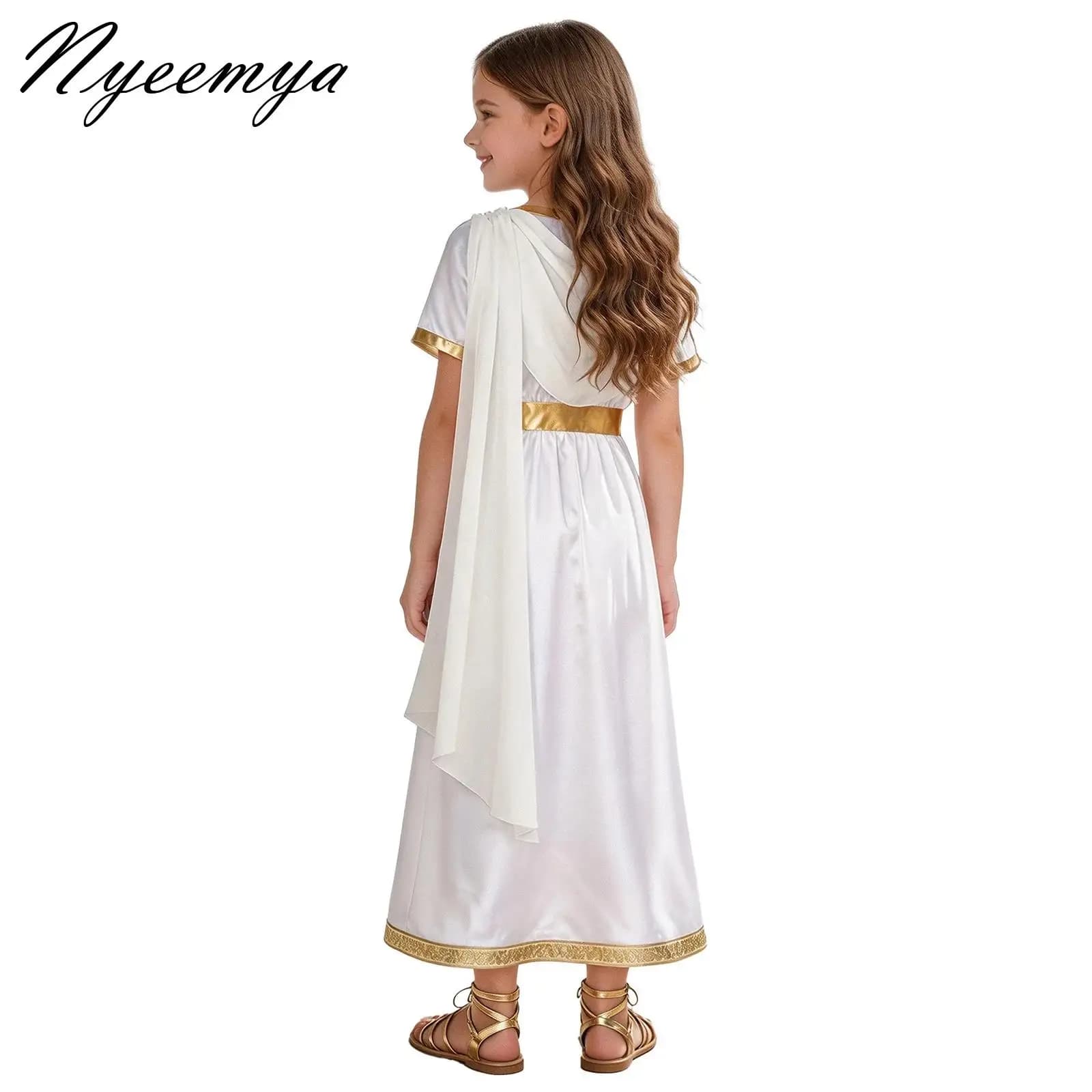 Girls Ancient Greek Princess Dress Draped Flowy Tulle Shawls Toga Satin Robe Goddesses Costume Gown Dress for Halloween Dress Up