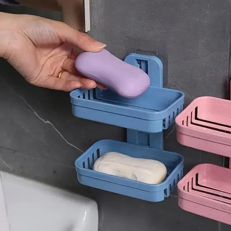 1 set of multifunctional double-layer soap box in beige and pink, made of plastic material, suitable for household bathrooms