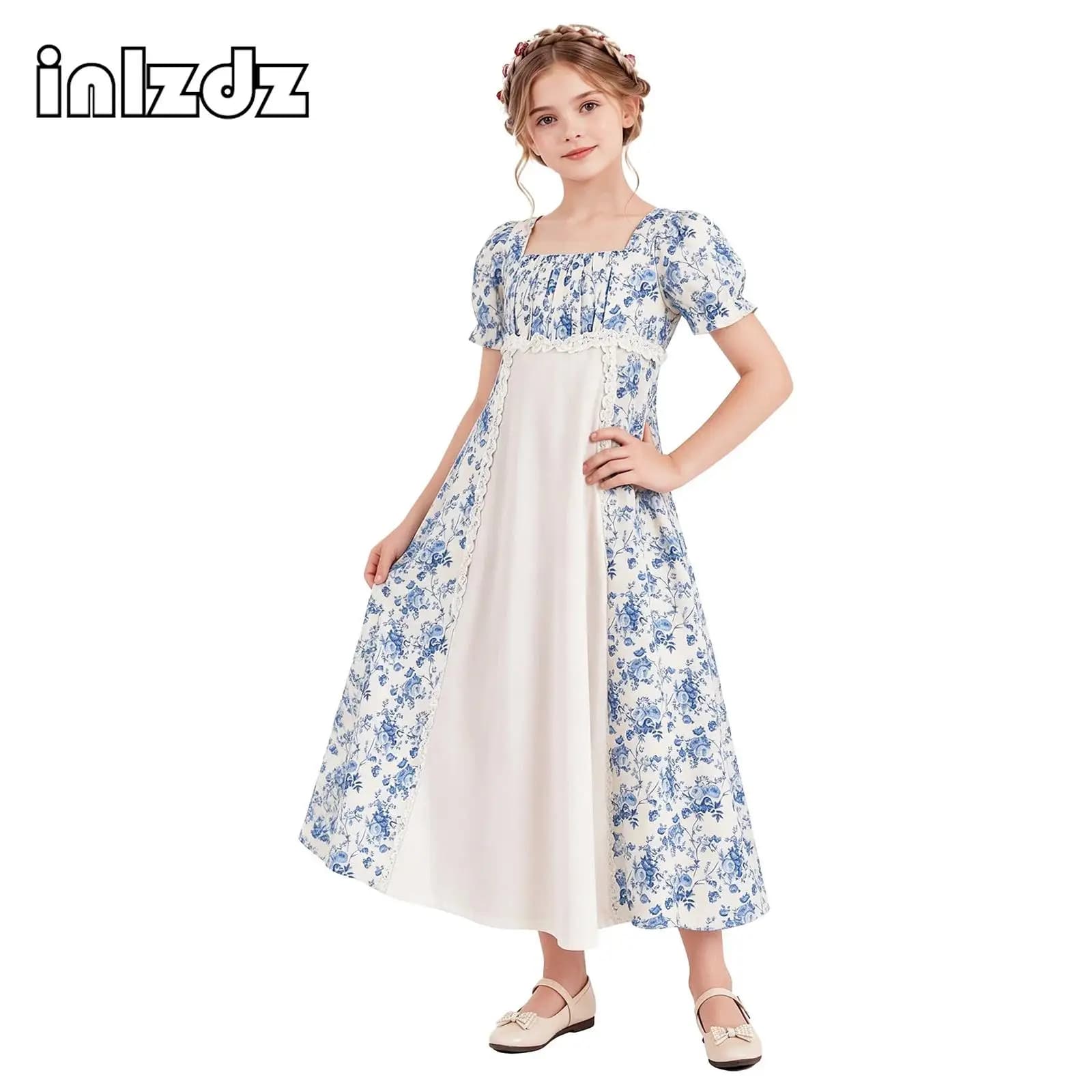 Kids Girls Renaissance Medieval Dress Square Collar Short Puff Sleeves Empire Waist Lace Floral Dress for Halloween Theme Party