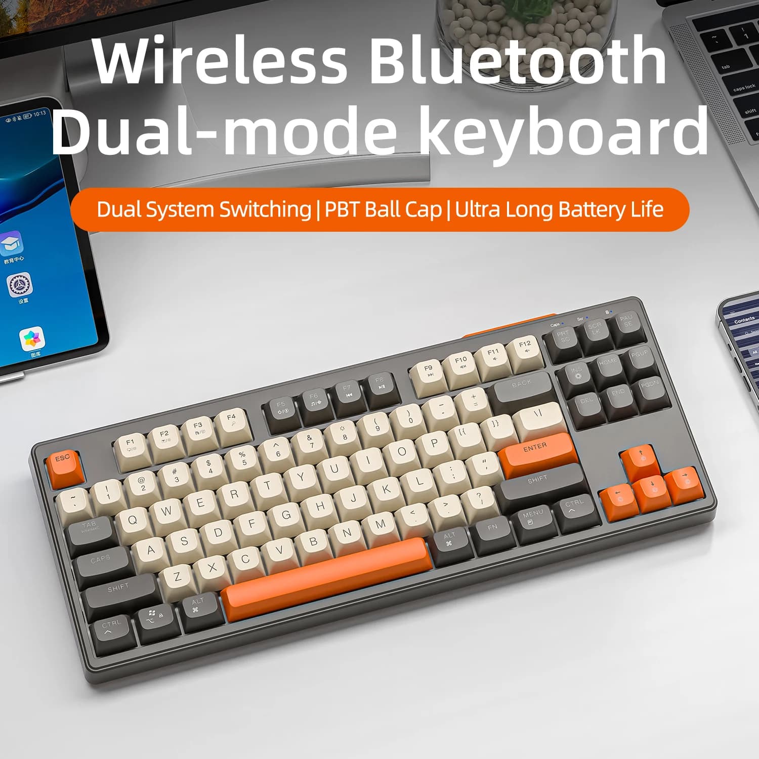 Wireless Keyboard Gaming,87keys Dual Mode Bluetooth Keyboard with Rainbow-light RGB,PBT Ballcaps for Silent Office Gaming