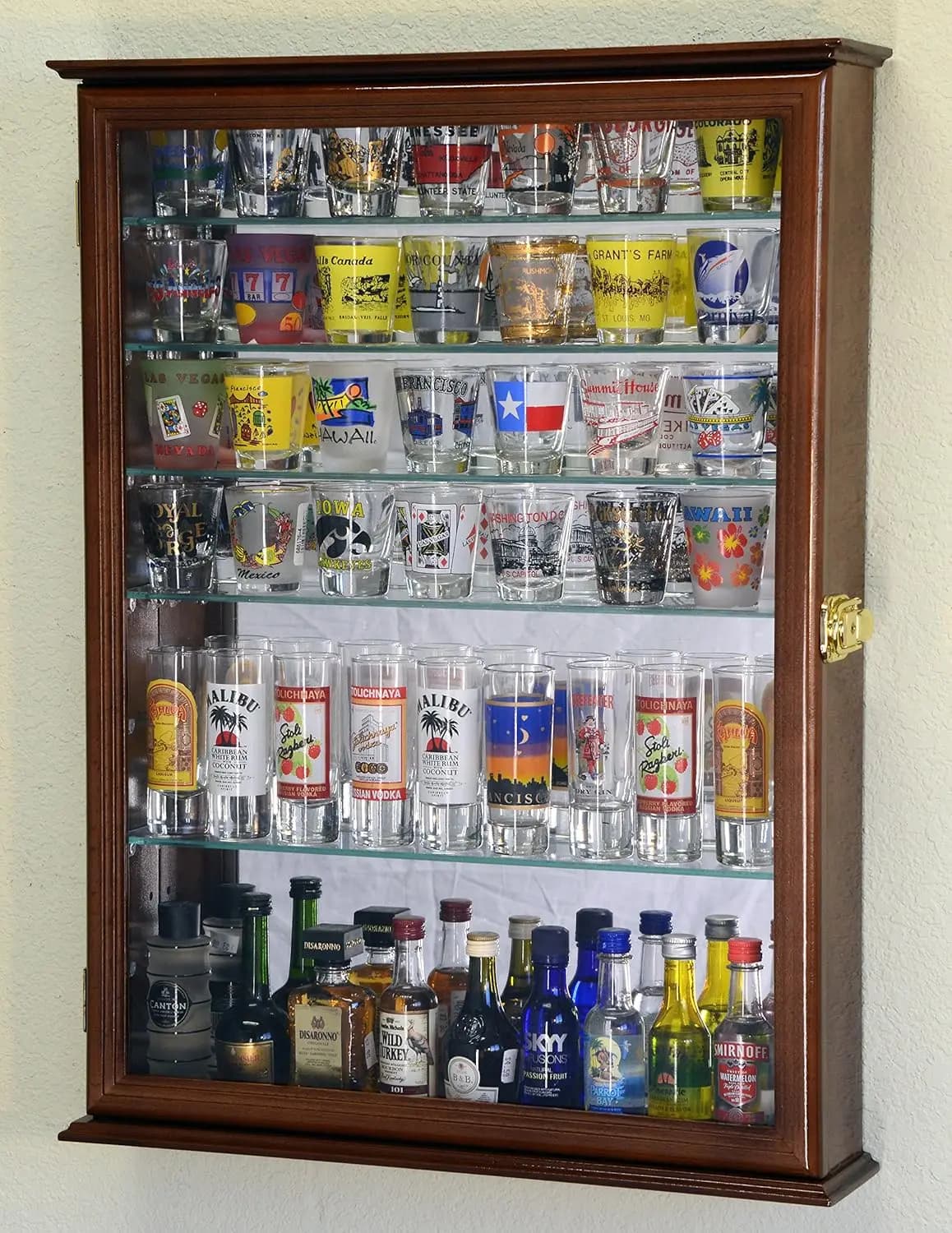 Large Mirror Backed and 7 Glass Adjustable Shelves Shot Glass Glasses Shooter Display Case Holder Cabinet Shotglass, Walnut