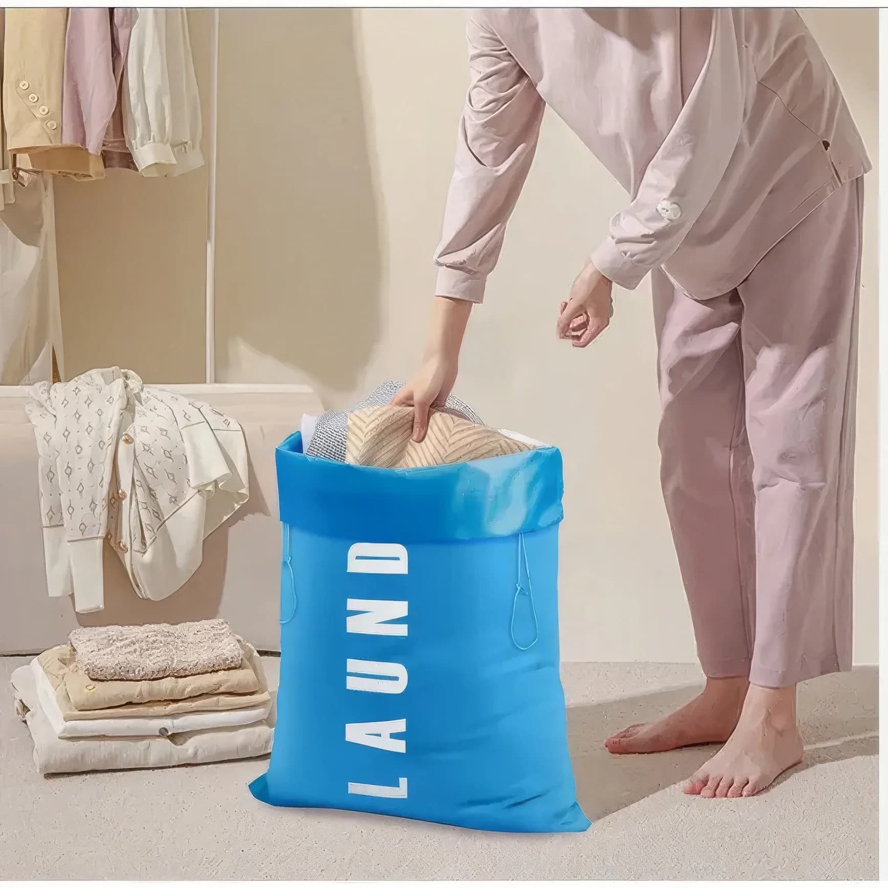 1 Durable Oxford Cloth Drawstring Storage Bag in Blue, Easy To Carry, Foldable, Suitable for Dormitories and Camping