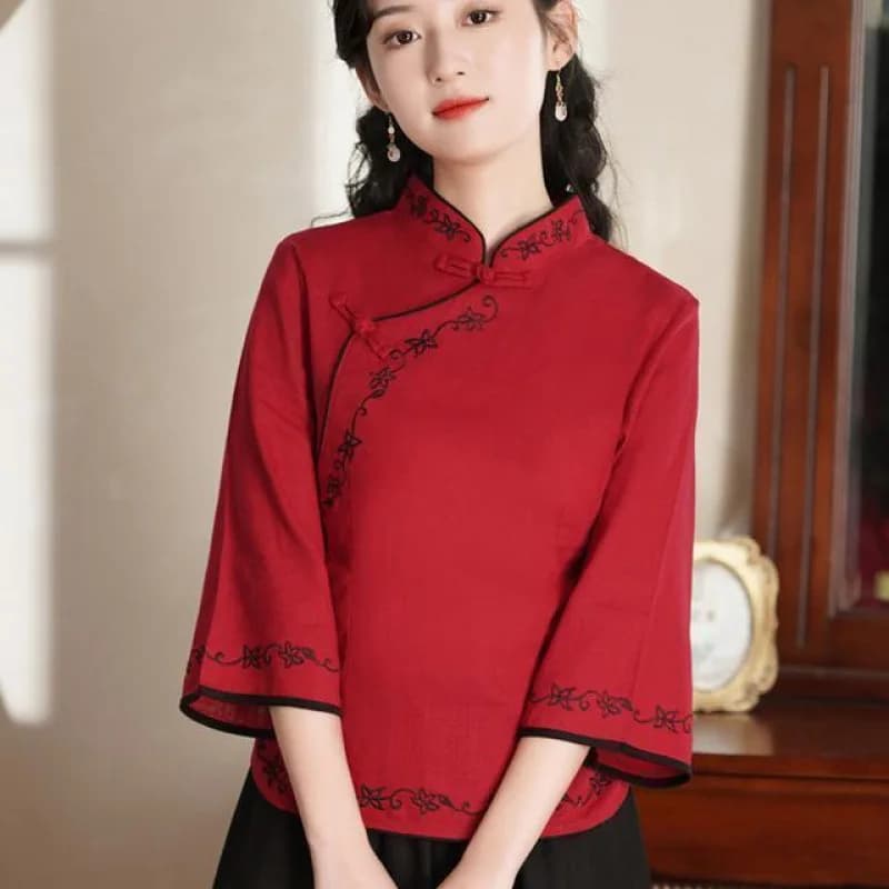 여성 레드 차이나풍 블라우스 7부소매 만다린칼라 자수 캐주얼 상의