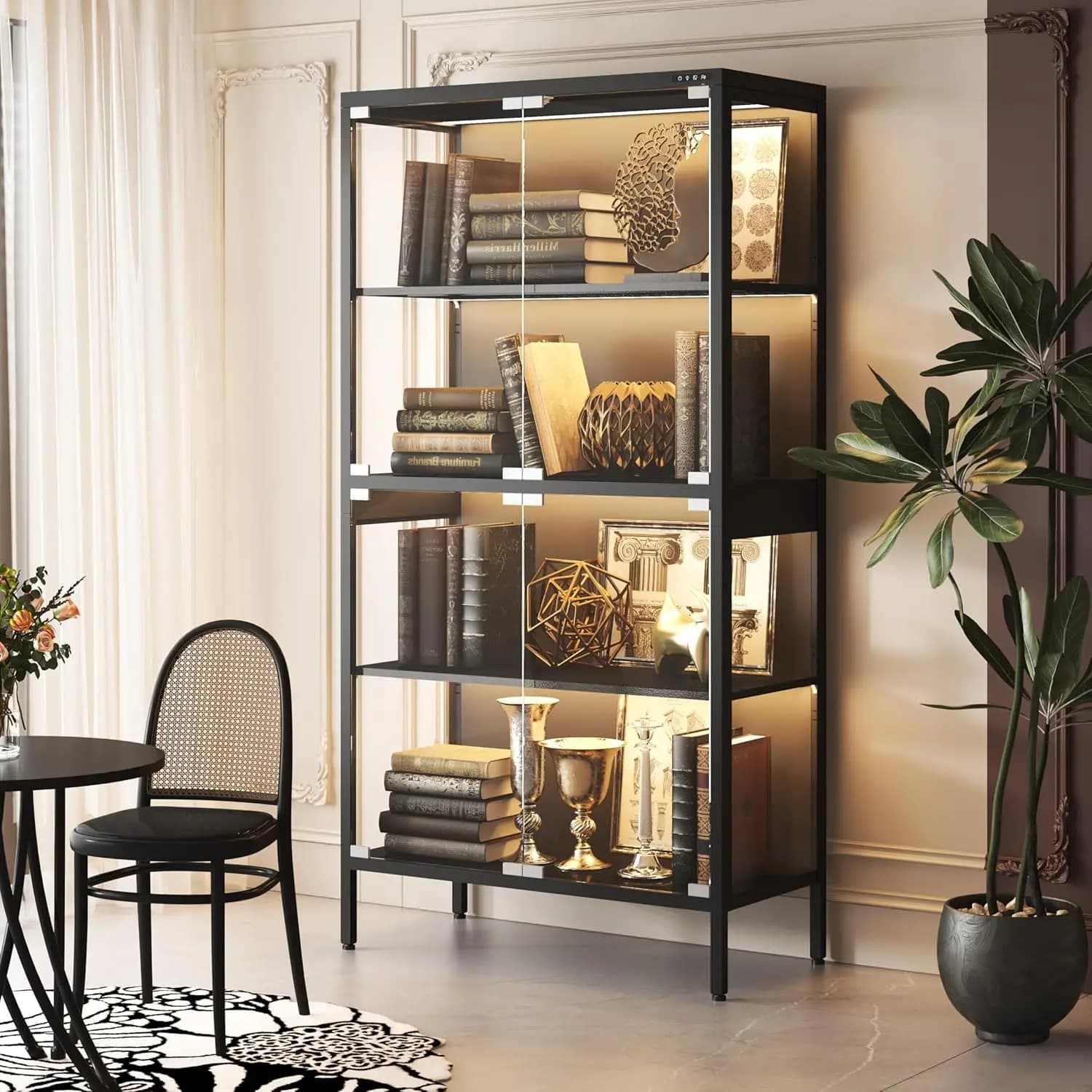 4-Tier Display Case, Glass Display Cabinet, Adjustable Curio Cabinet with 5 Color Lights, Display Cabinet with Human Body Sen
