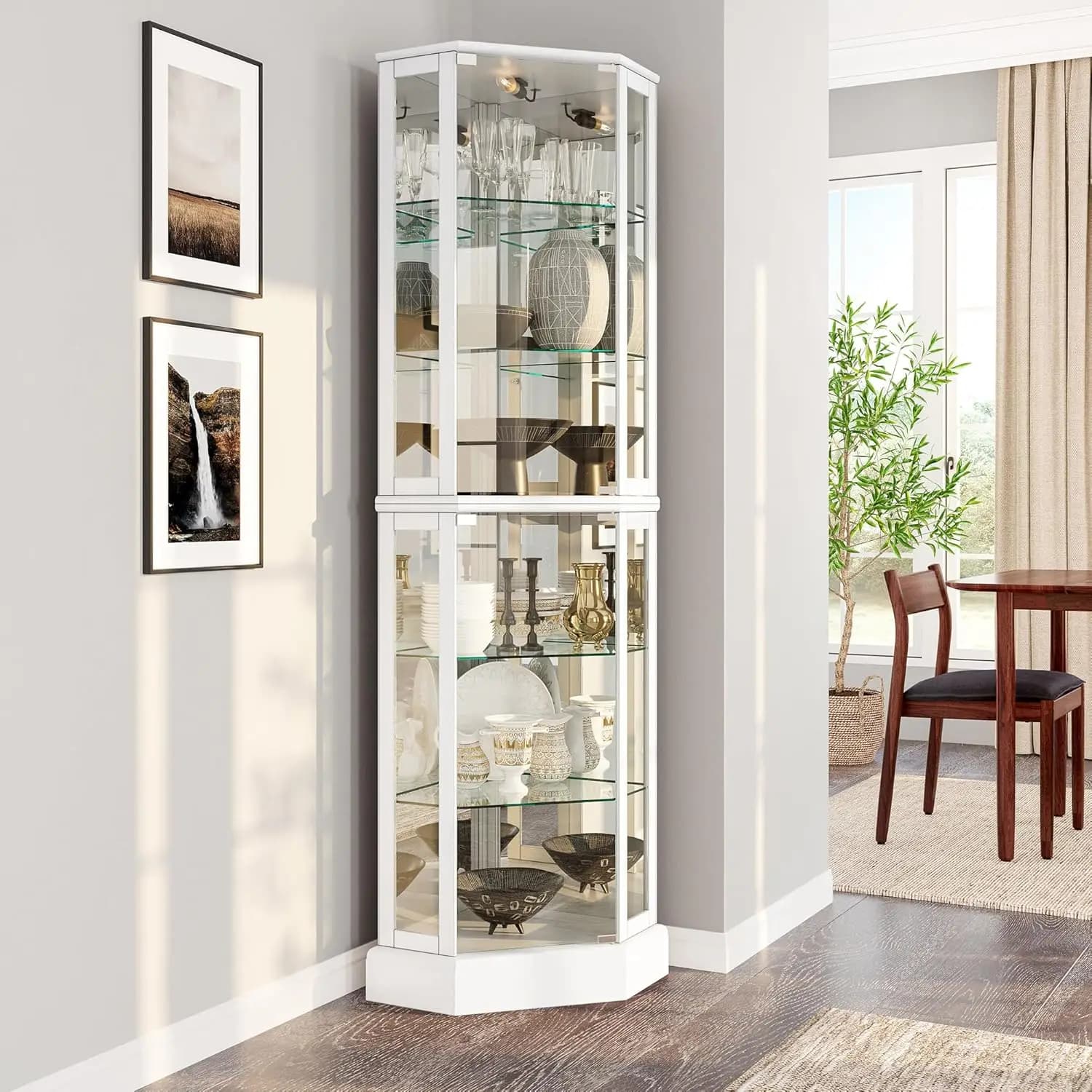 Lighted 3-Side Glass Display Curio Cabinet with Tempered Glass Doors and Shelves, Curved Wood Corner Cabinet with Bulb, Corne