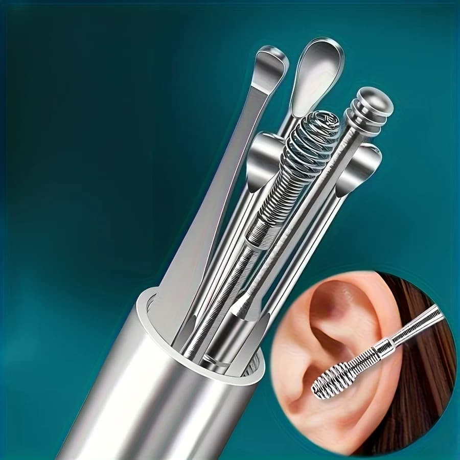 Stainless Steel Ear Digging Tool Set, Portable and Durable Ear Spoon with Keychain, Easy To Carry, with Spiral and Spring Head
