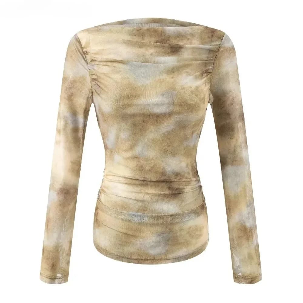 2025 Sexy Tie-Dye Print Ruched Shoulder T-Shirt for Women, Slim Fit Pleated Waist & Full Sleeve Tee (Character Count: 78)