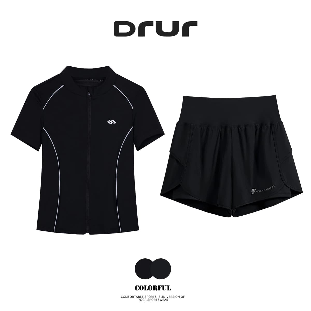 DRUR 여성 운동복 2피스 세트 집업 스포츠탑 반바지