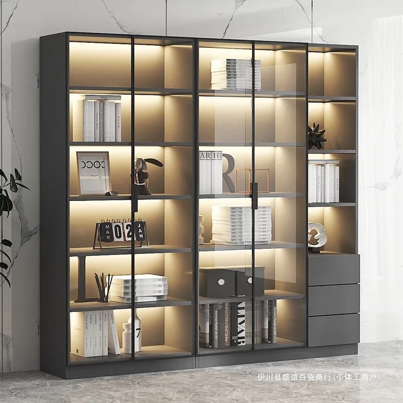 Living Room Cabinet Sideboards with Lights, Glass Display Cabinet with Doors and 6 Tier Shelves, Bookcase for Hallway Furniture