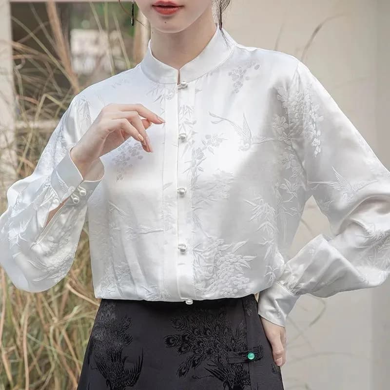 여성 차이나 카라 자카드 새틴 블라우스 긴소매 셔츠