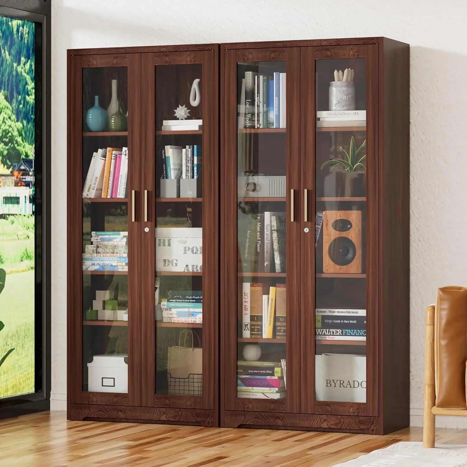 Display Cabinet with Glass Doors, Curio Cabinets with Locking Doors, Metal Storage Cabinet for Kitchen,Living Room 71” H, As