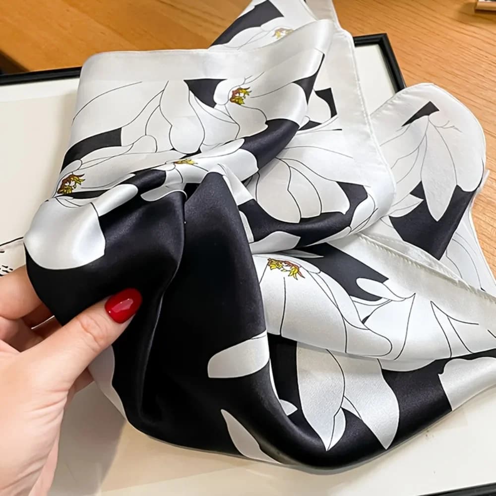 100% Silk Magnolia Flower Small Square Scarf in Black And White Print, Exuding Elegance. The Silk Is Skin-Friendly And Can Be