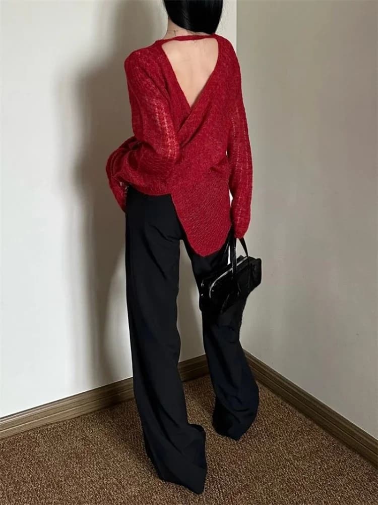 Y2K See-Through Knitted Women's T-Shirt, Vintage Cross Backless Sexy Loose Top