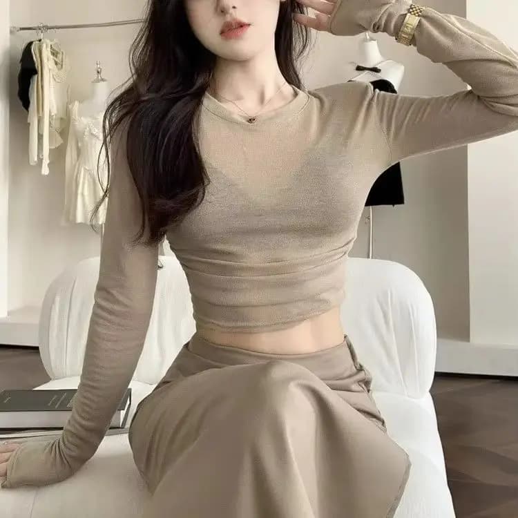 Y2K Sexy Shoulder Pads Long Sleeve T-shirt Women Sheer Mesh See Through Tops Summer Thin Sun Protection Sexy Cropped Blouse